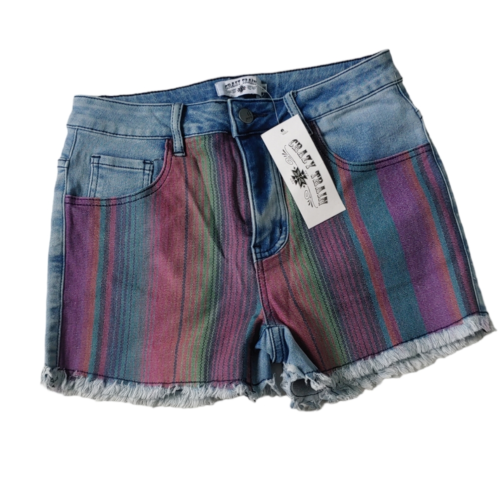 CRAZY TRAIN Jean Shorts Serape Denim Print Frayed Hem Size Medium